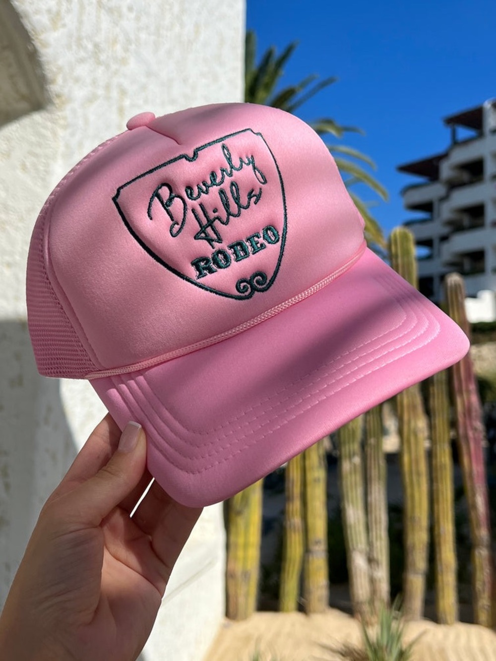First Class Cowboys Beverly Hills Rodeo Trucker Hat Pink/Green embroidered
